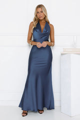 Glitz Gathering Halter Satin Maxi Dress Navy