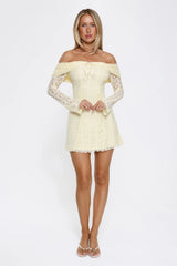 Secret Smile Lace Off Shoulder Mini Dress Yellow