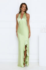 Satin Whirl Halter Maxi Dress Green