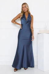 Glitz Gathering Halter Satin Maxi Dress Navy