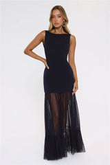Sultry Mesh Tie Back Cutout Maxi Dress Navy