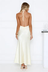 Twilight Charm Satin Halter Maxi Dress Yellow