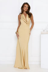 Glitz Gathering Halter Satin Maxi Dress Gold