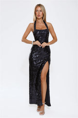 Sparked Up Sequin Halter Maxi Dress Navy