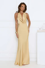 Glitz Gathering Halter Satin Maxi Dress Gold