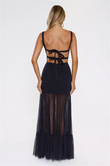 Sultry Mesh Tie Back Cutout Maxi Dress Navy