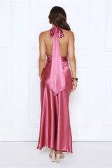Cherry Glow Halter Satin Maxi Dress Rose