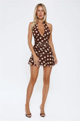 Social Glow Halter Polka Dot Mini Dress Brown
