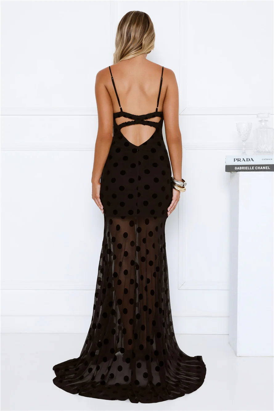 Sultry Polka Dot Velvet Maxi Dress Black