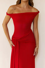 Sleek Off Shoulder Sheer Maxi Dress Red