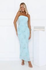 Sparkling Floral Embellished Strapless Maxi Blue