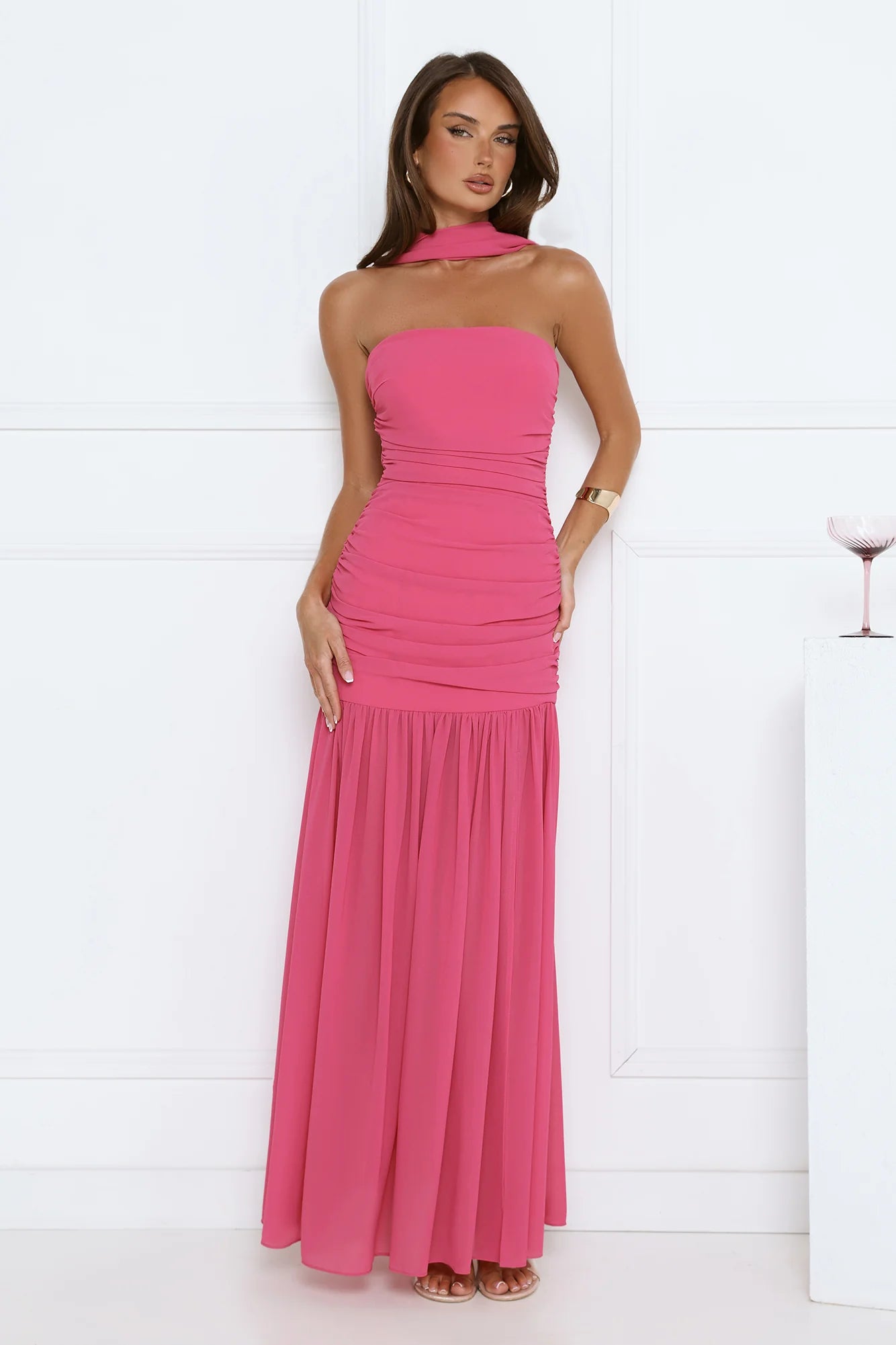Soir茅e Glow Strapless Maxi Dress Pink