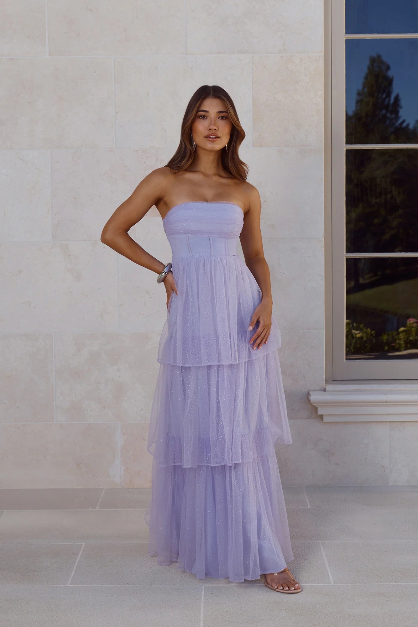 Premiere Glam Strapless Tulle Maxi Dress Lilac