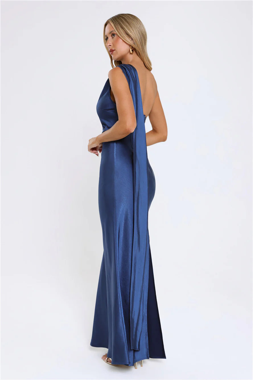 The Diamond Soir茅e Halter Satin Maxi Dress Navy