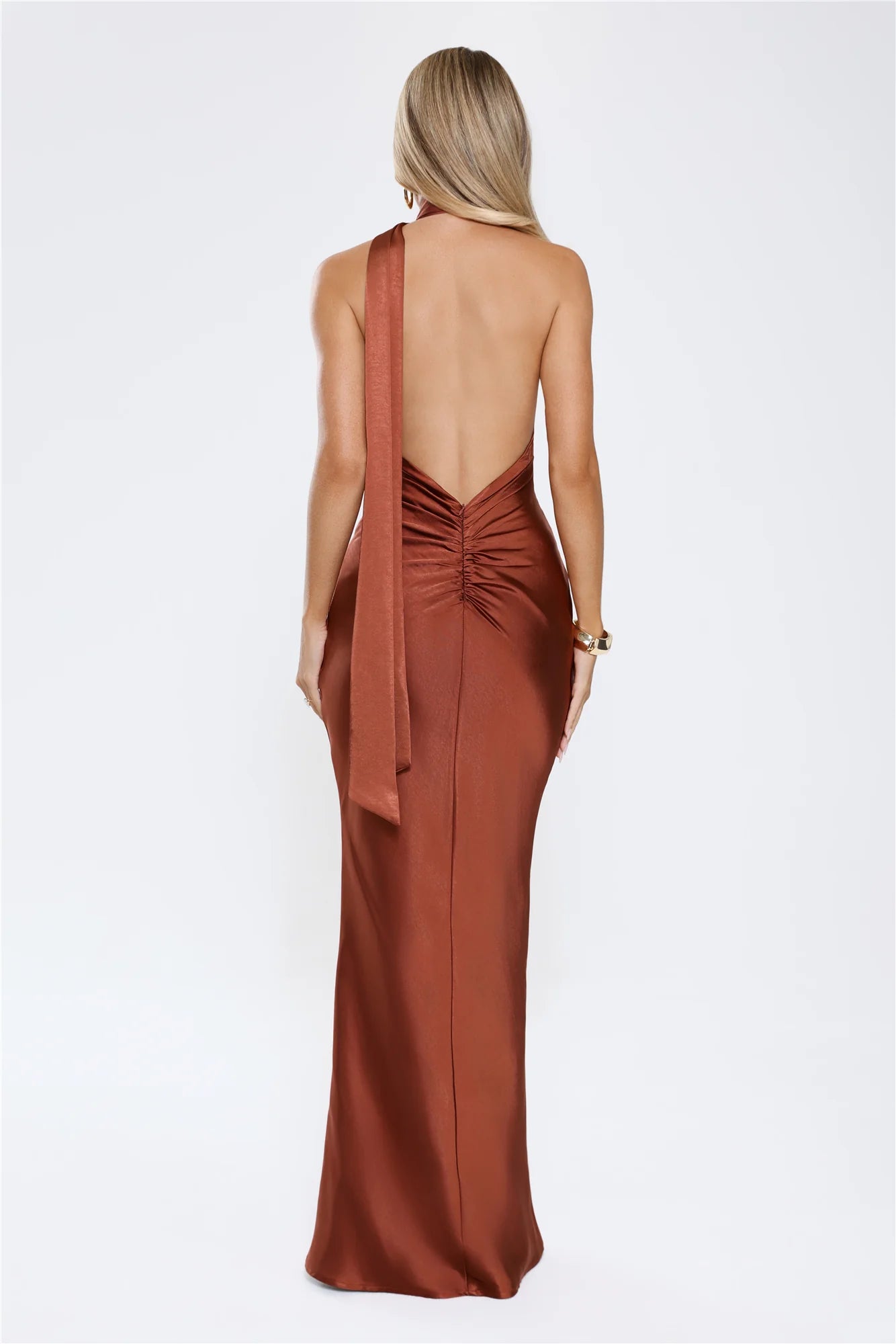 Cinnamon Glaze Halter Satin Maxi Dress Brown