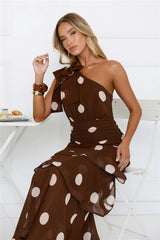 She's Trendy One Shoulder Polka Dot Maxi Dress Brown