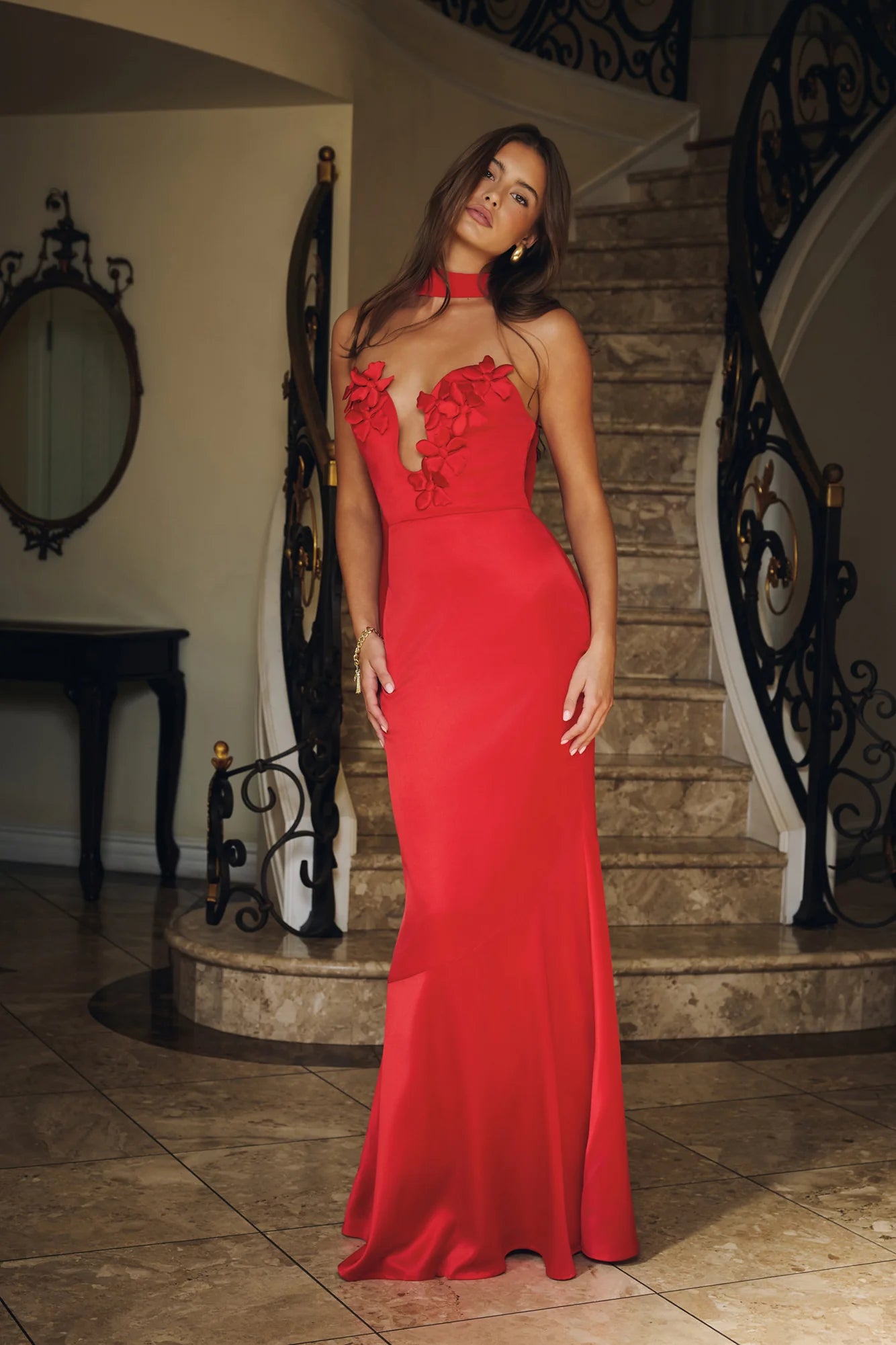 Wild Blossom Dance Strapless Satin Maxi Dress Red