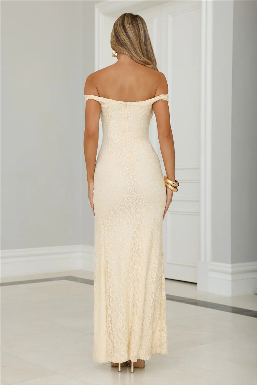 Cherished Off Shoulder Lace Maxi Dress Lemon