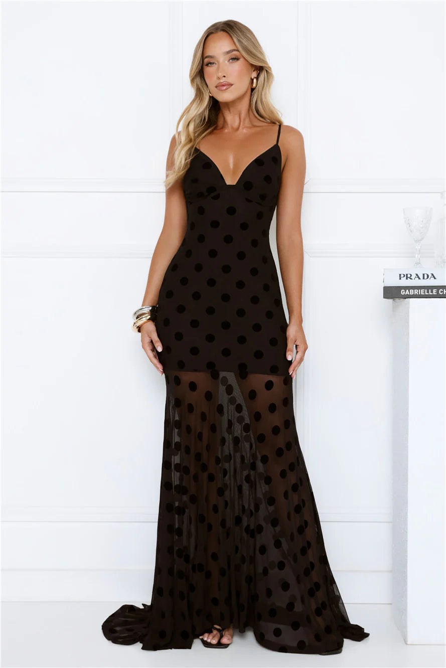 Sultry Polka Dot Velvet Maxi Dress Black