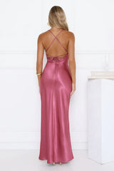 Satin Lace Twist Front Crisscross Maxi Dress Berry
