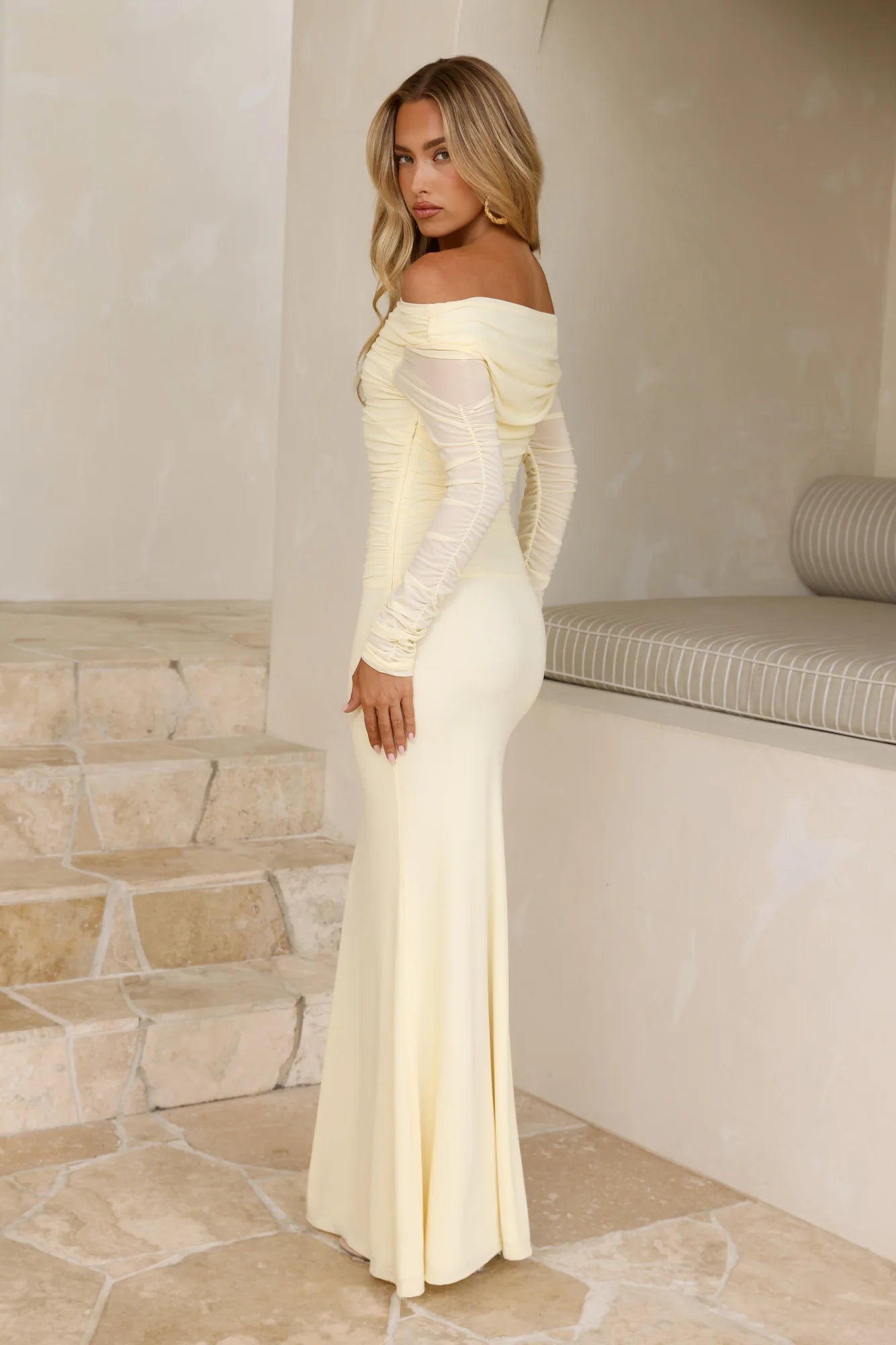 Glam Mesh Off-Shoulder Maxi Dress Yellow