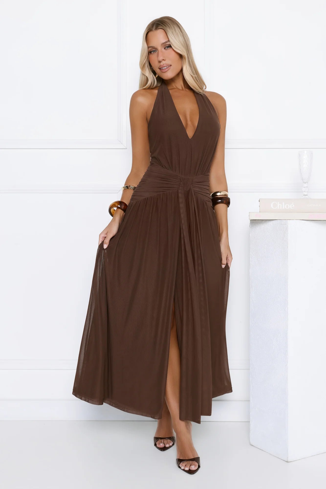 Whispered Promises Halter Mesh Maxi Dress Brown