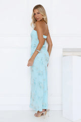 Sparkling Floral Embellished Strapless Maxi Blue