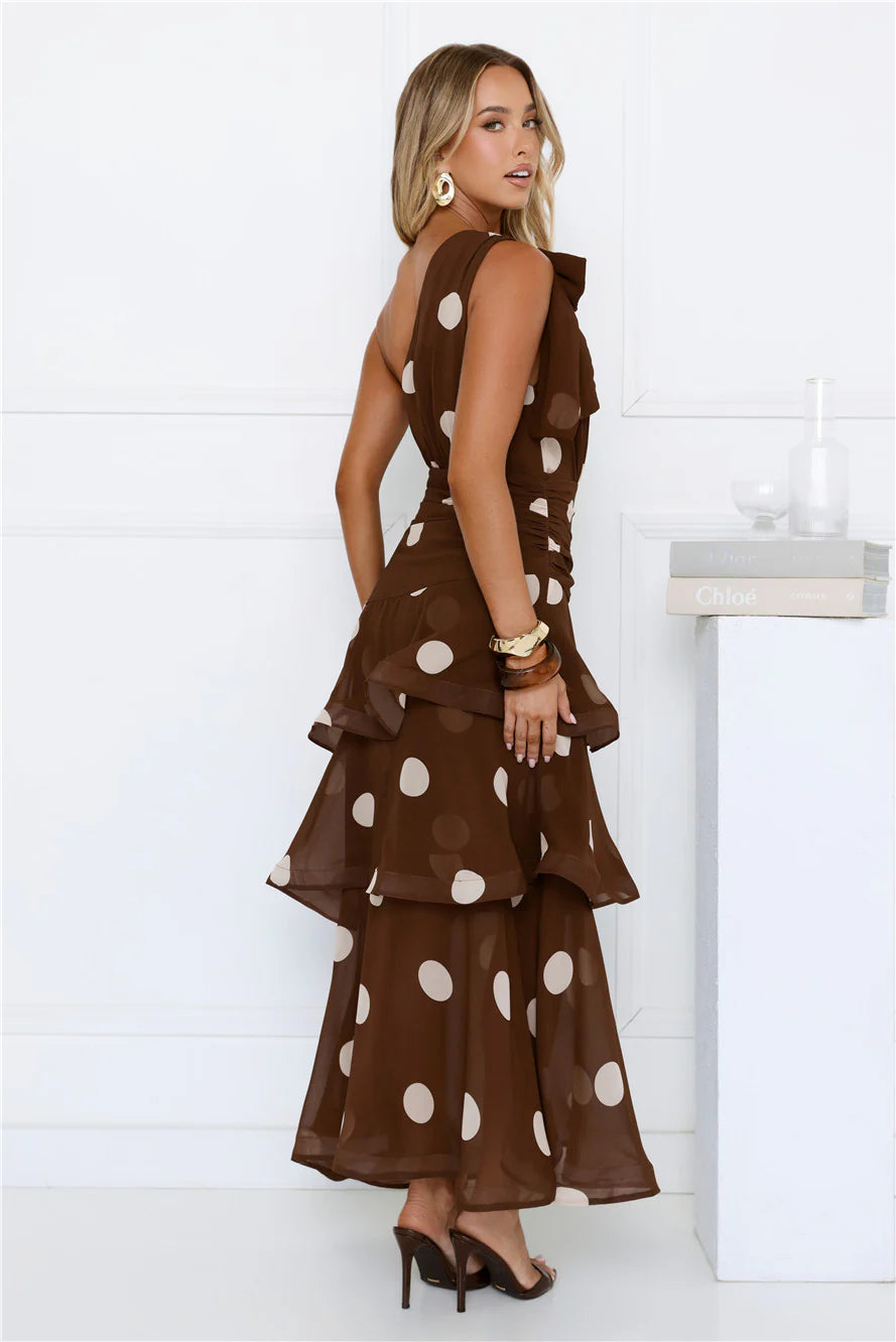 She's Trendy One Shoulder Polka Dot Maxi Dress Brown