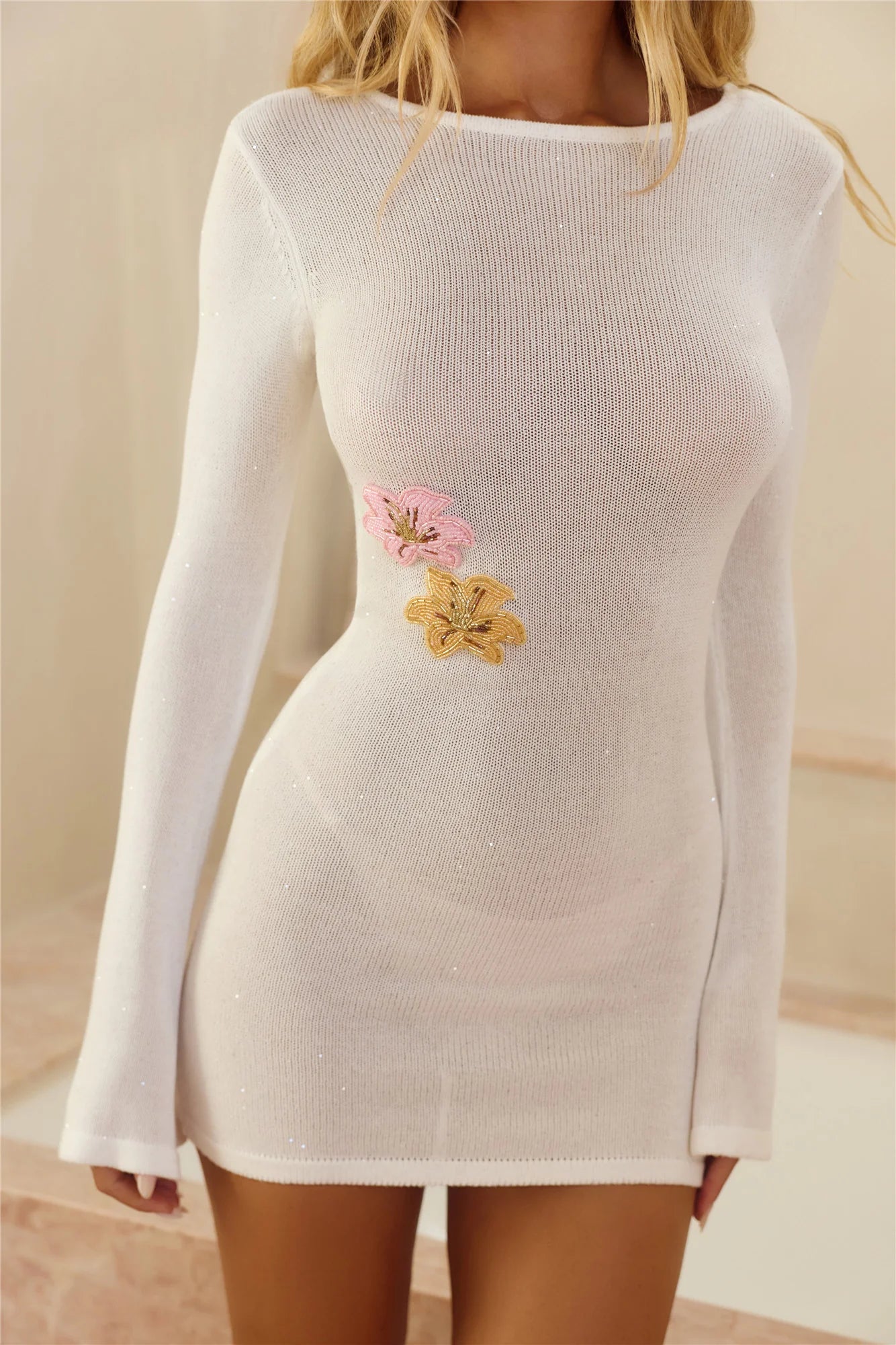 Sun-Kissed Evenings Knit Long Sleeve Mini Dress White