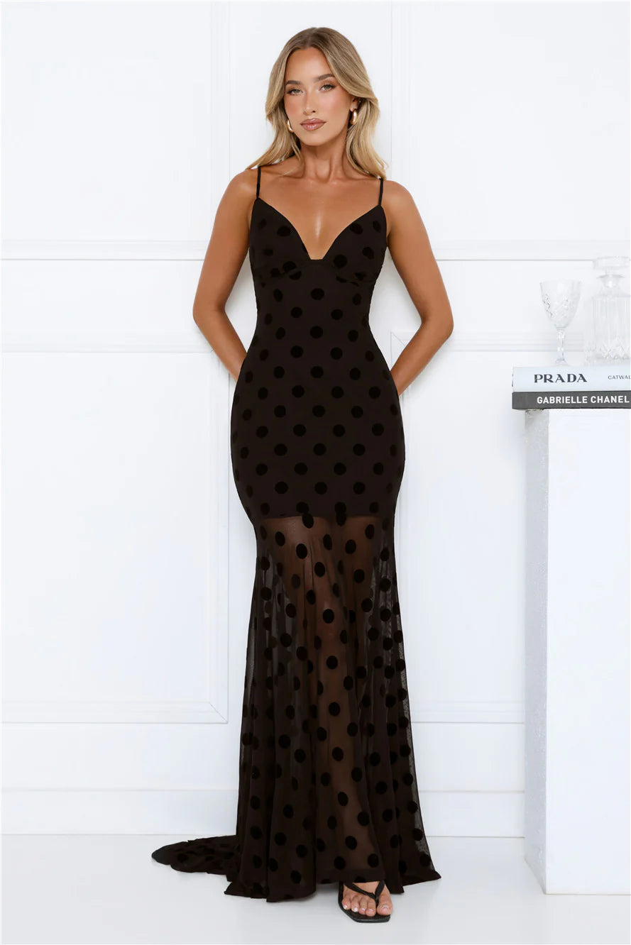 Sultry Polka Dot Velvet Maxi Dress Black