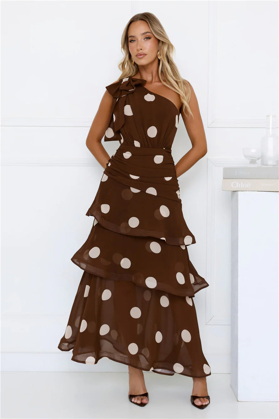 She's Trendy One Shoulder Polka Dot Maxi Dress Brown