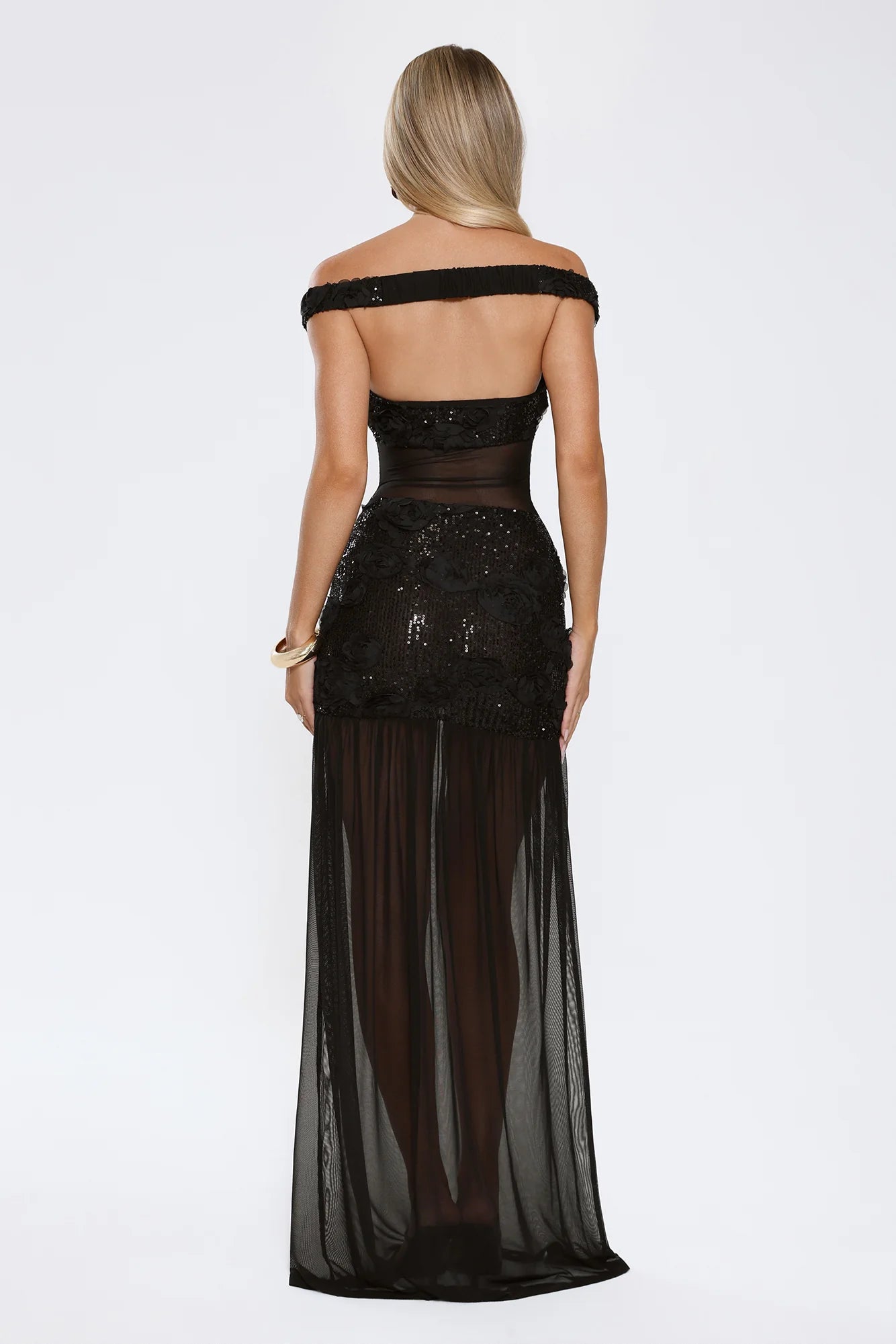 Radiance In The Dark Off Shoulder Sequin Maxi Dress Black
