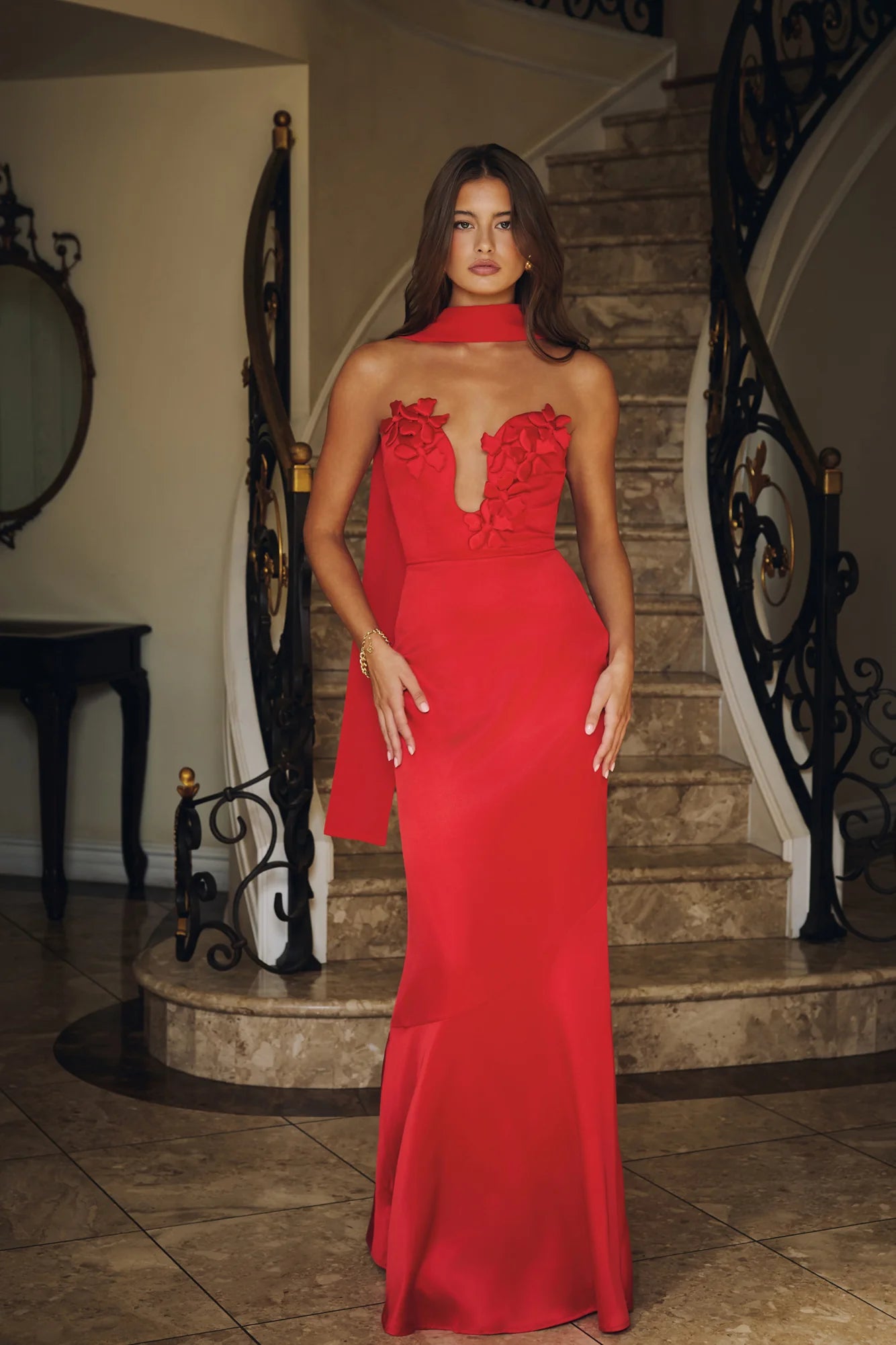 Wild Blossom Dance Strapless Satin Maxi Dress Red