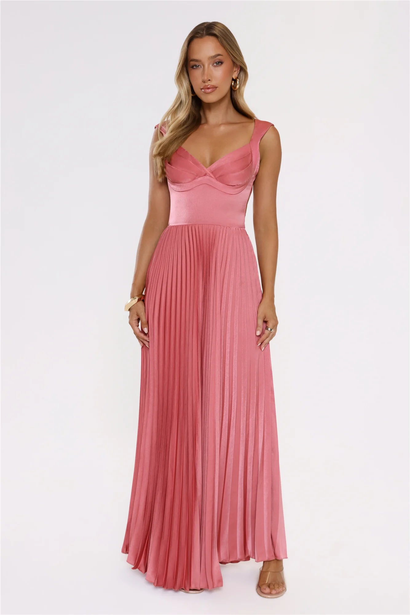Satin Glow Pleated Maxi Dress Rose