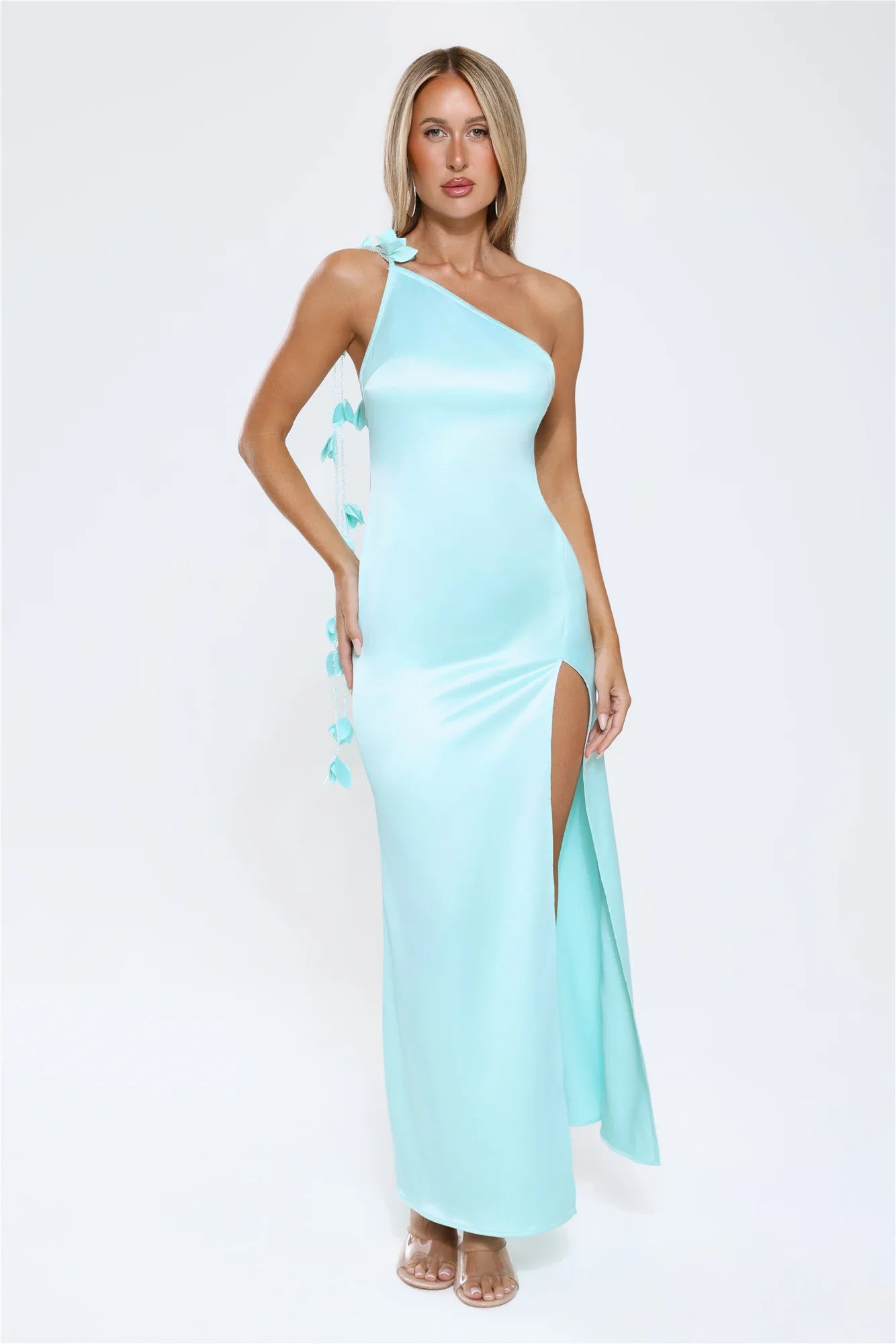 Romance Redefined One Shoulder Satin Maxi Dress Aqua