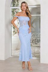 Wink Hour Lace Off Shoulder Maxi Dress Blue