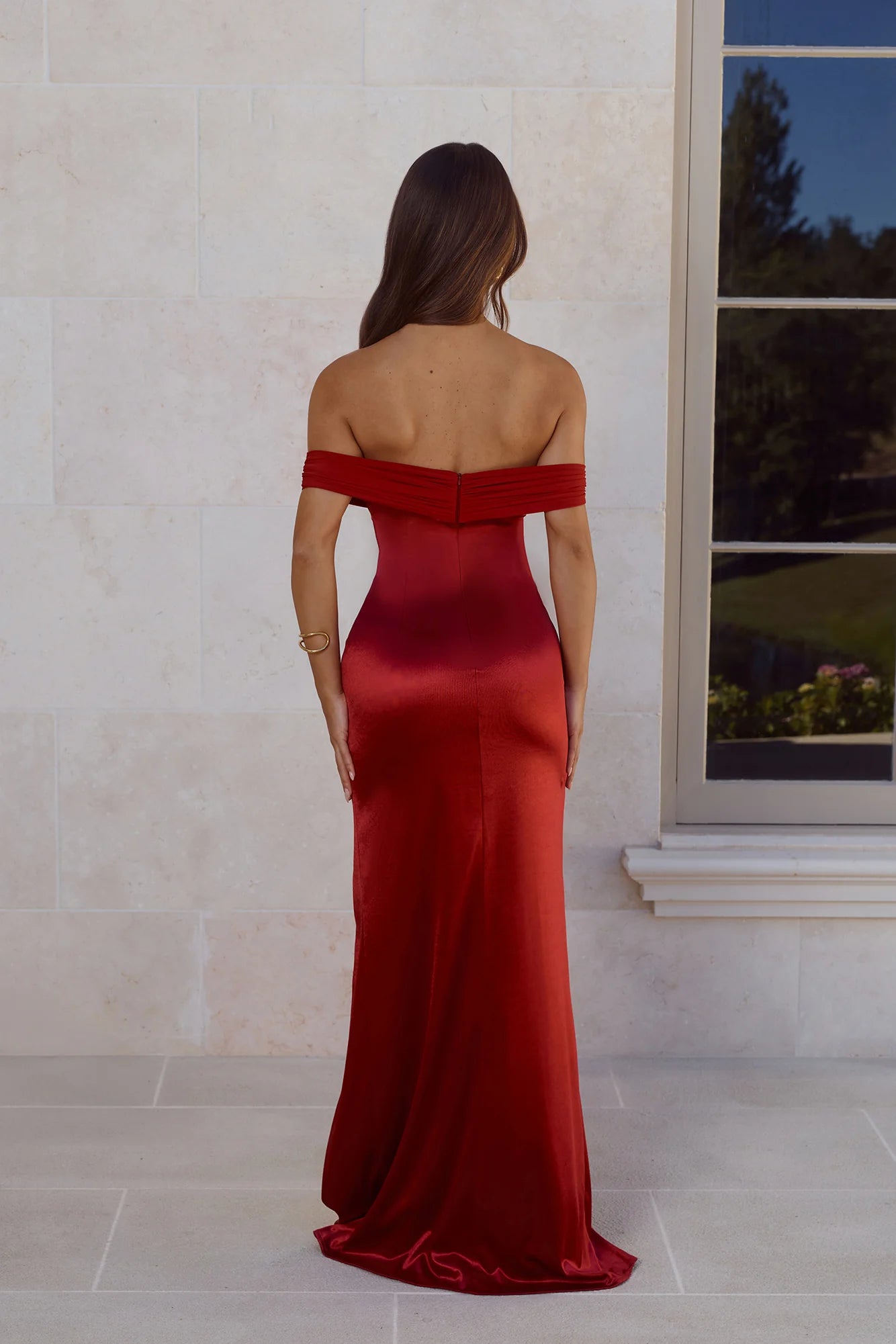 Couture Enchantment Off Shoulder Maxi Dress Red