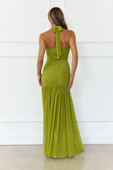 Evelyn Luxe Mesh Halter Maxi Dress Olive