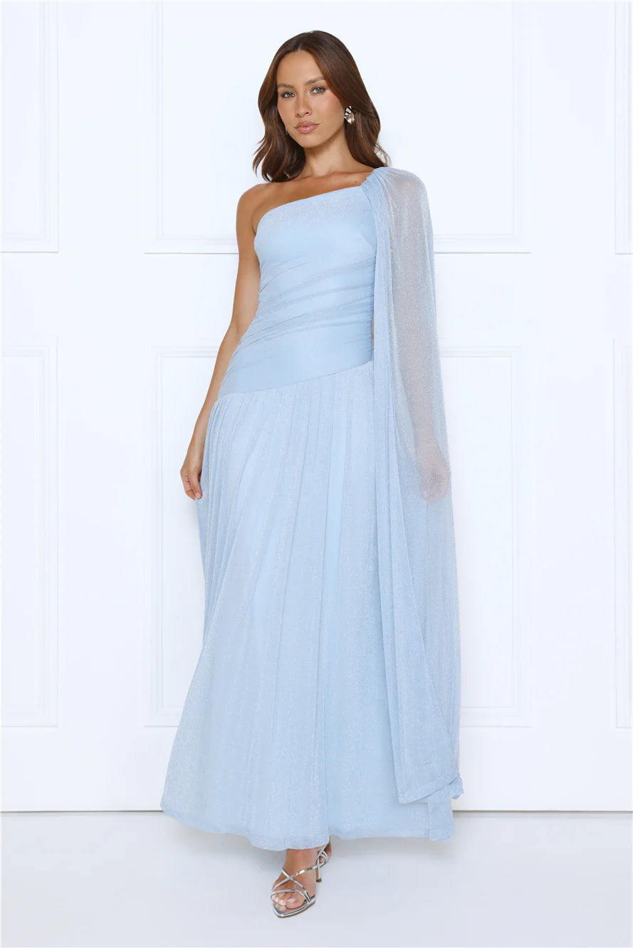 Midnight Spin One Shoulder Maxi Dress Blue