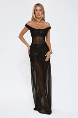 Radiance In The Dark Off Shoulder Sequin Maxi Dress Black