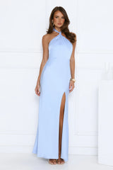 脡l茅gance Halter Satin Maxi Dress Blue