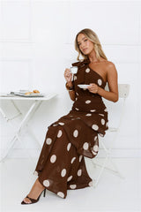 She's Trendy One Shoulder Polka Dot Maxi Dress Brown