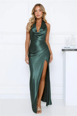 Cherry Glow Halter Satin Maxi Dress Teal