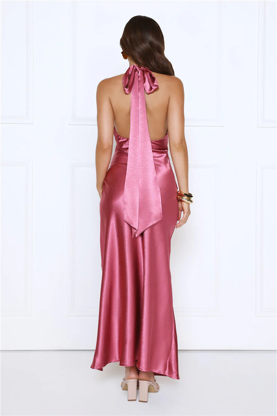 Cherry Glow Halter Satin Maxi Dress Rose