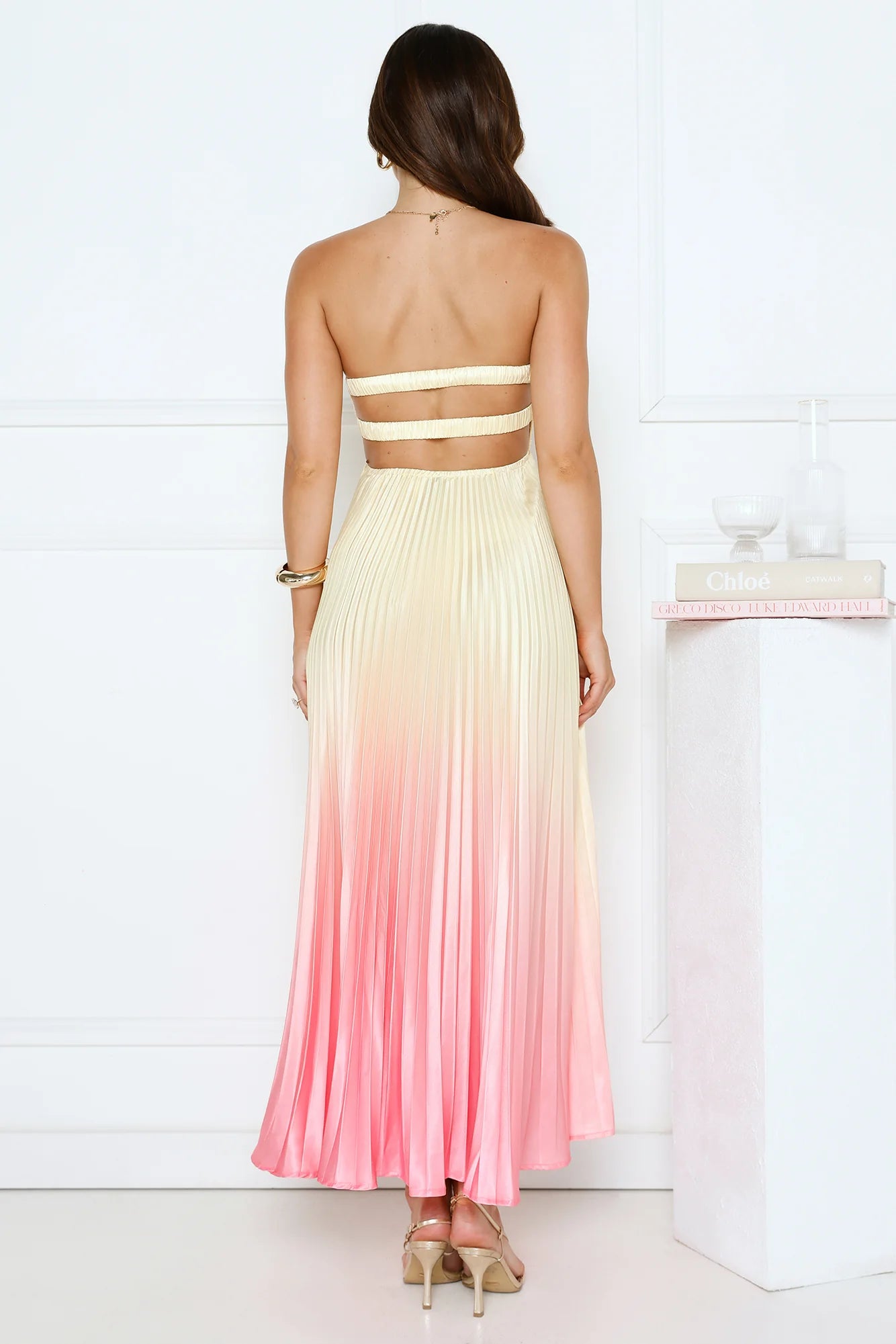 Melting Sunset Satin Strapless Maxi Dress Yellow