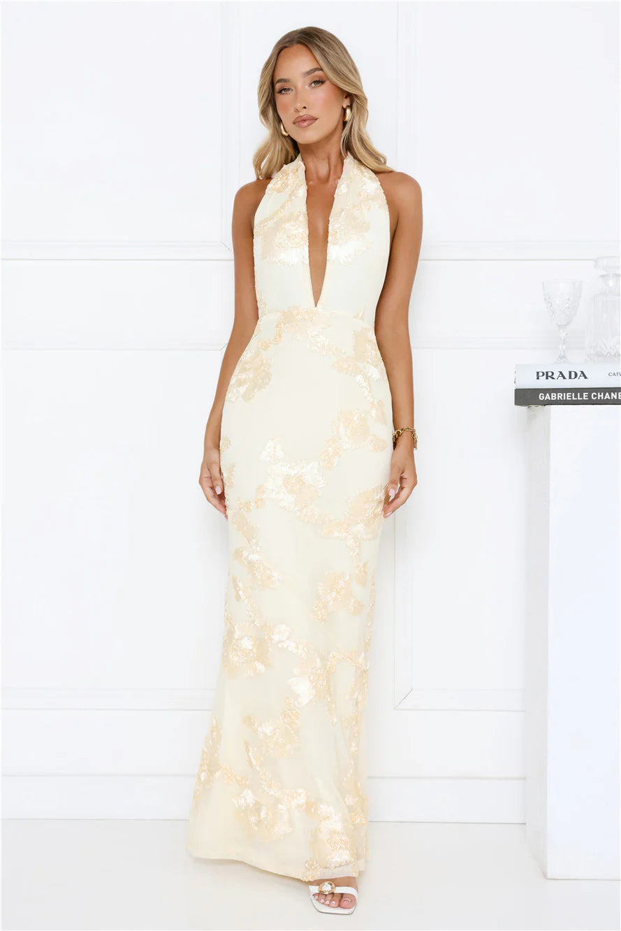 Daydream Kiss Halter Mesh Maxi Dress Yellow