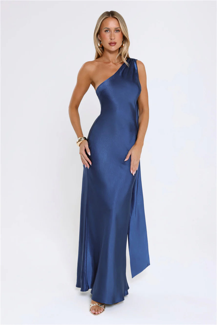 The Diamond Soir茅e Halter Satin Maxi Dress Navy