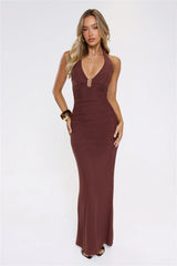 Sultry Ruched Halter Maxi Dress Chocolate
