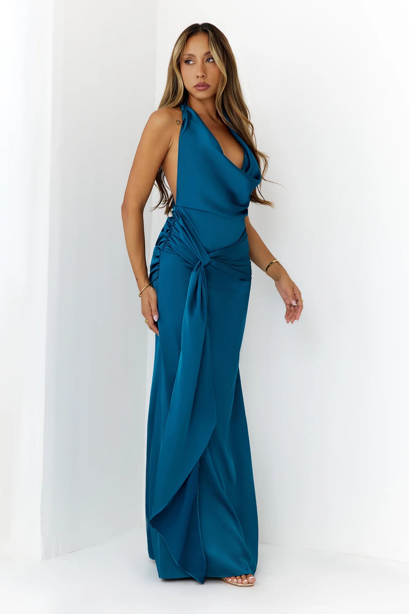In Elegance Satin Halter Maxi Dress Teal