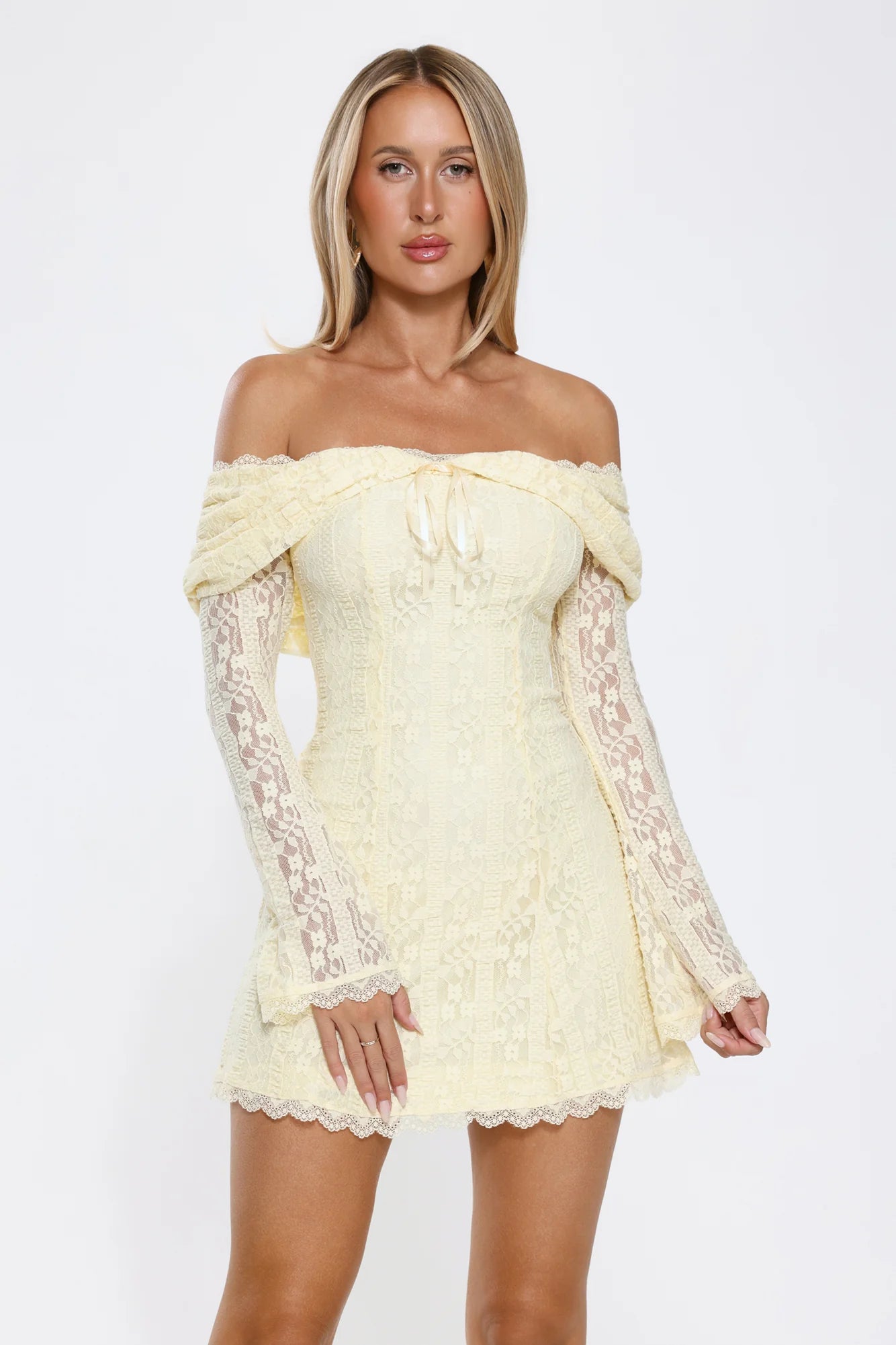 Secret Smile Lace Off Shoulder Mini Dress Yellow
